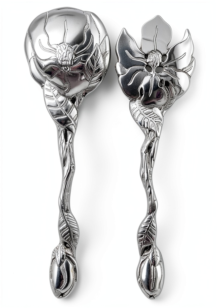 'Arthur Court salad servers with magnolia design on a dining table'