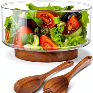 OMISTAR Glass Salad Bowl Wood Base Large Serving Set-0