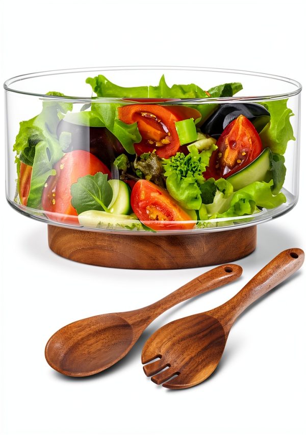 OMISTAR Glass Salad Bowl Wood Base Large Serving Set-0