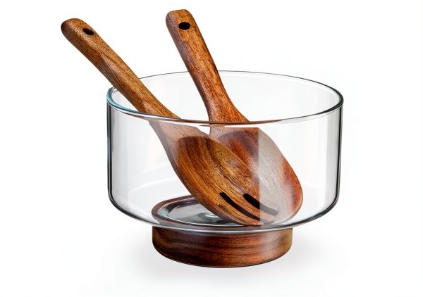 Hushee Acacia Wood Glass Salad Bowl Set Serving Utensils-0