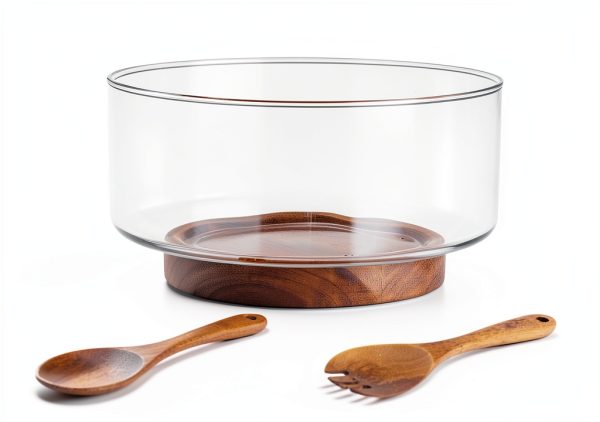 OMISTAR Glass Salad Bowl Wood Base Large Serving Set-3