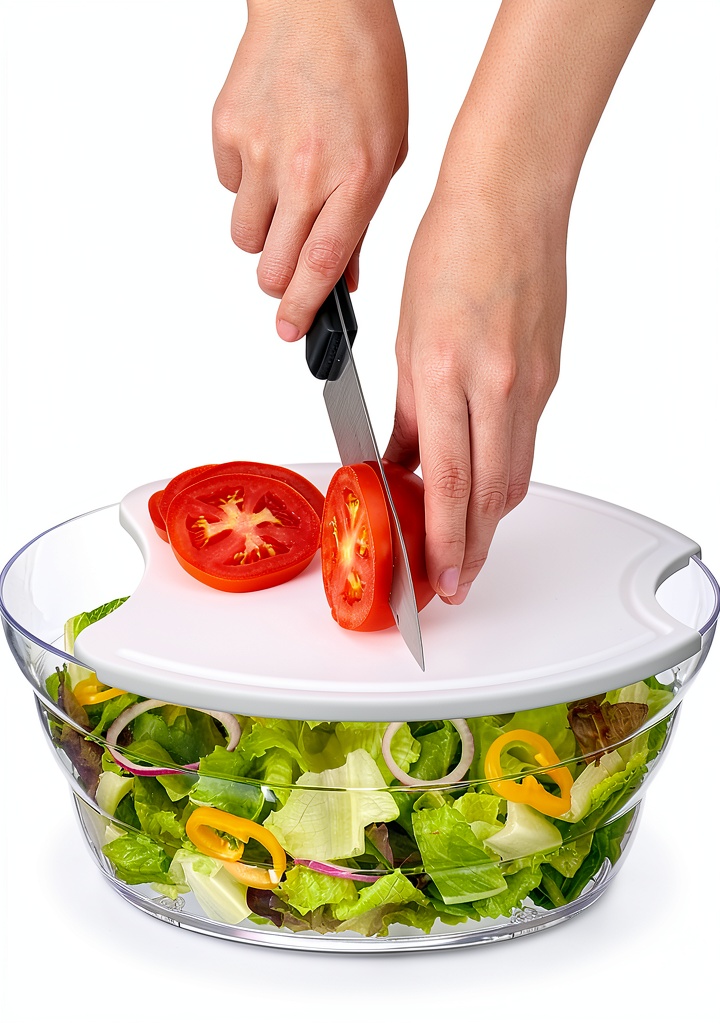Prodyne Salad Bowl Set with cutting board on a kitchen counter