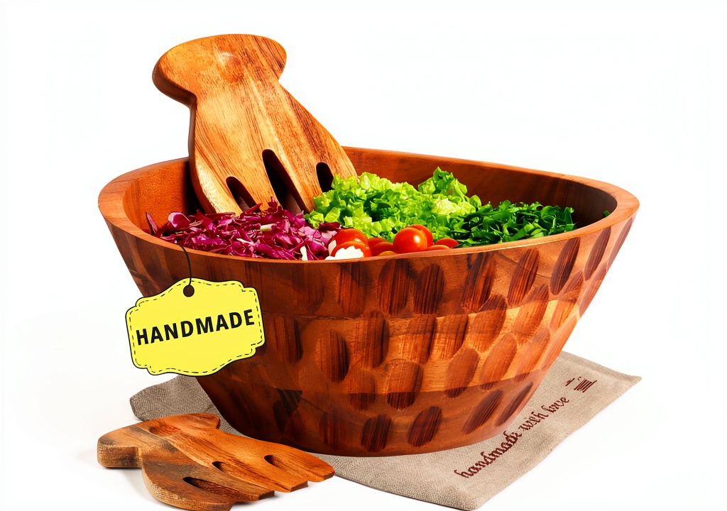 Culina Craftique acacia wood salad bowl set with servers and placemat
