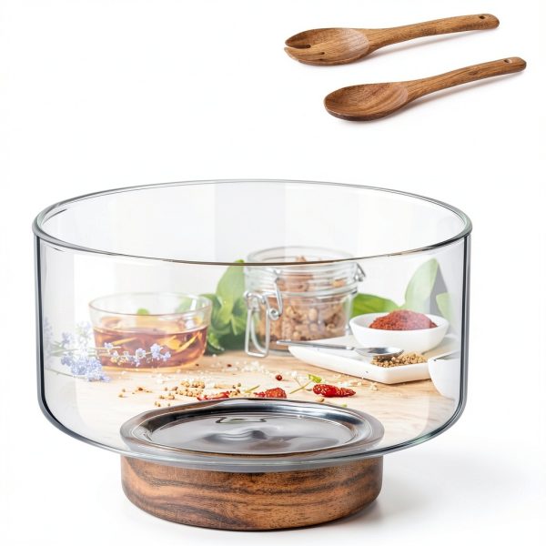 Hushee Acacia Wood Glass Salad Bowl Set Serving Utensils-3