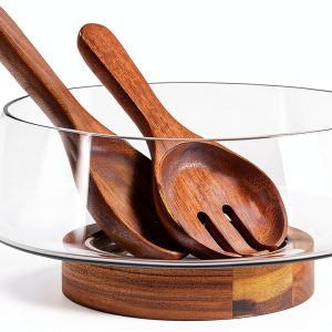 Glass Salad Bowl KITEISCAT Large Handmade Wood Base-0