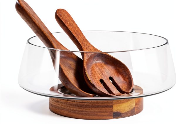 Glass Salad Bowl KITEISCAT Large Handmade Wood Base-0