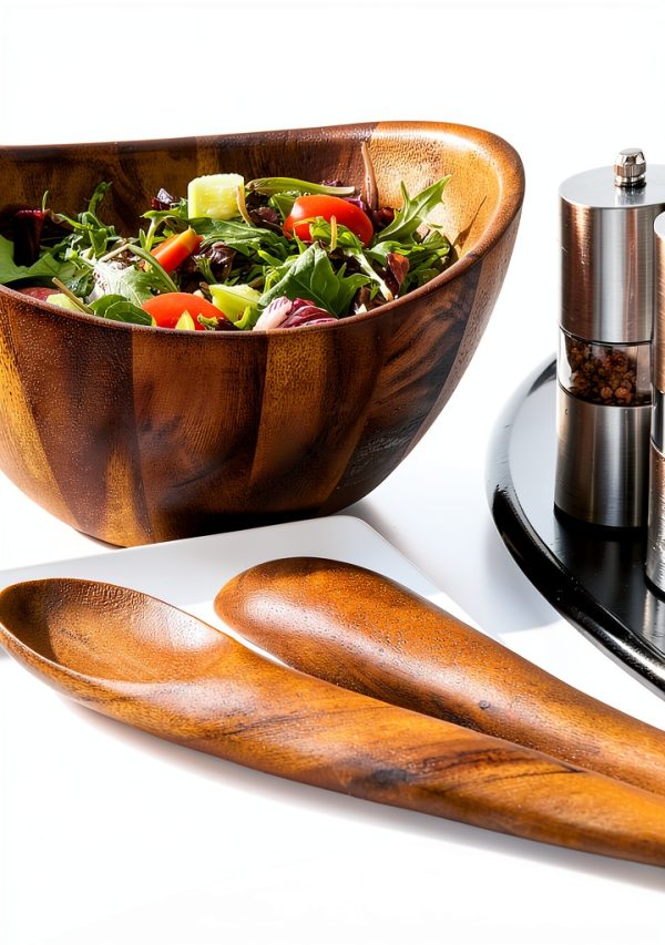 Acacia Wood Salad Serving Set Nambe Stackable Casual Style-5